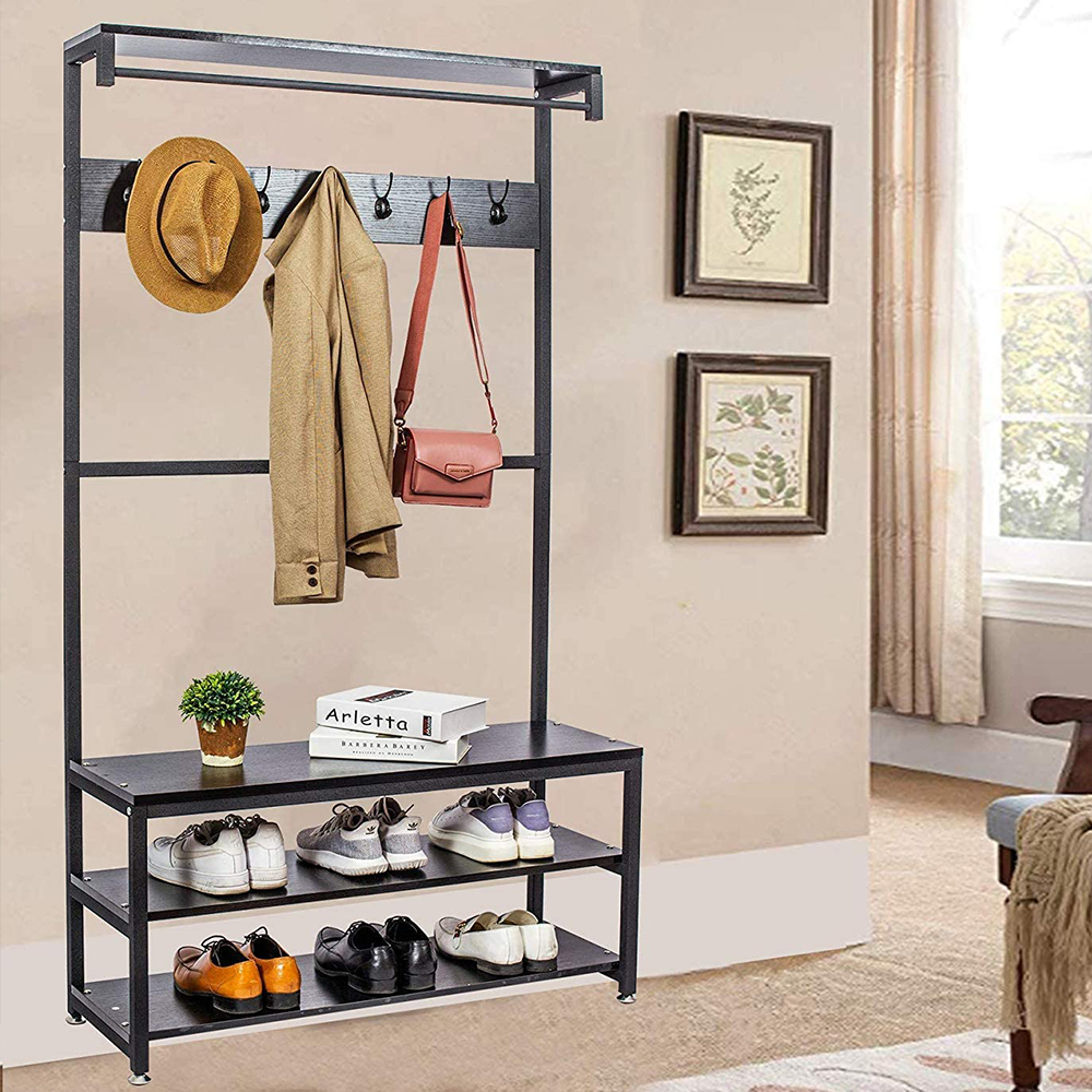 Vintage Coat Rack Stand Shoe Storage Bench 14 Hooks Hall Tree Entryway